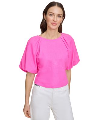 Plus Size Women’s Round Neck Short Puff Sleeve Casual Dress – Washed Collar, Bow & Pocket Detail, Lavender main image 0