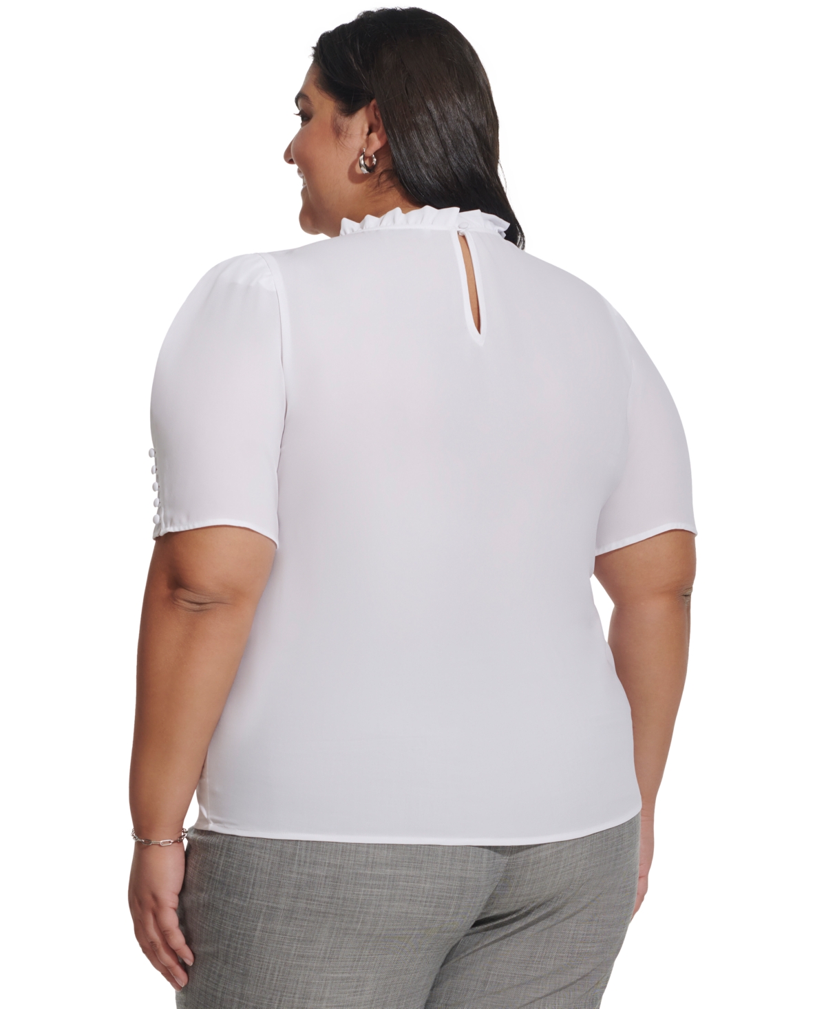 Shop Calvin Klein Plus Size Ruffle-neck Short-sleeve Top In White