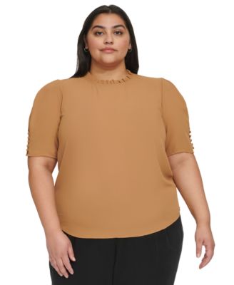 Calvin Klein - Plus Size Ruffle-Neck Button-Sleeve Top