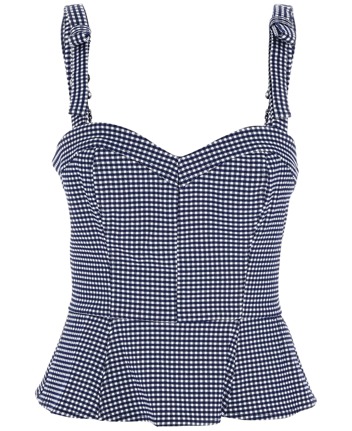 Shop Guess Women's Vichy Gingham Peplum Sleeveless Top In Blue Cave And White Vichy