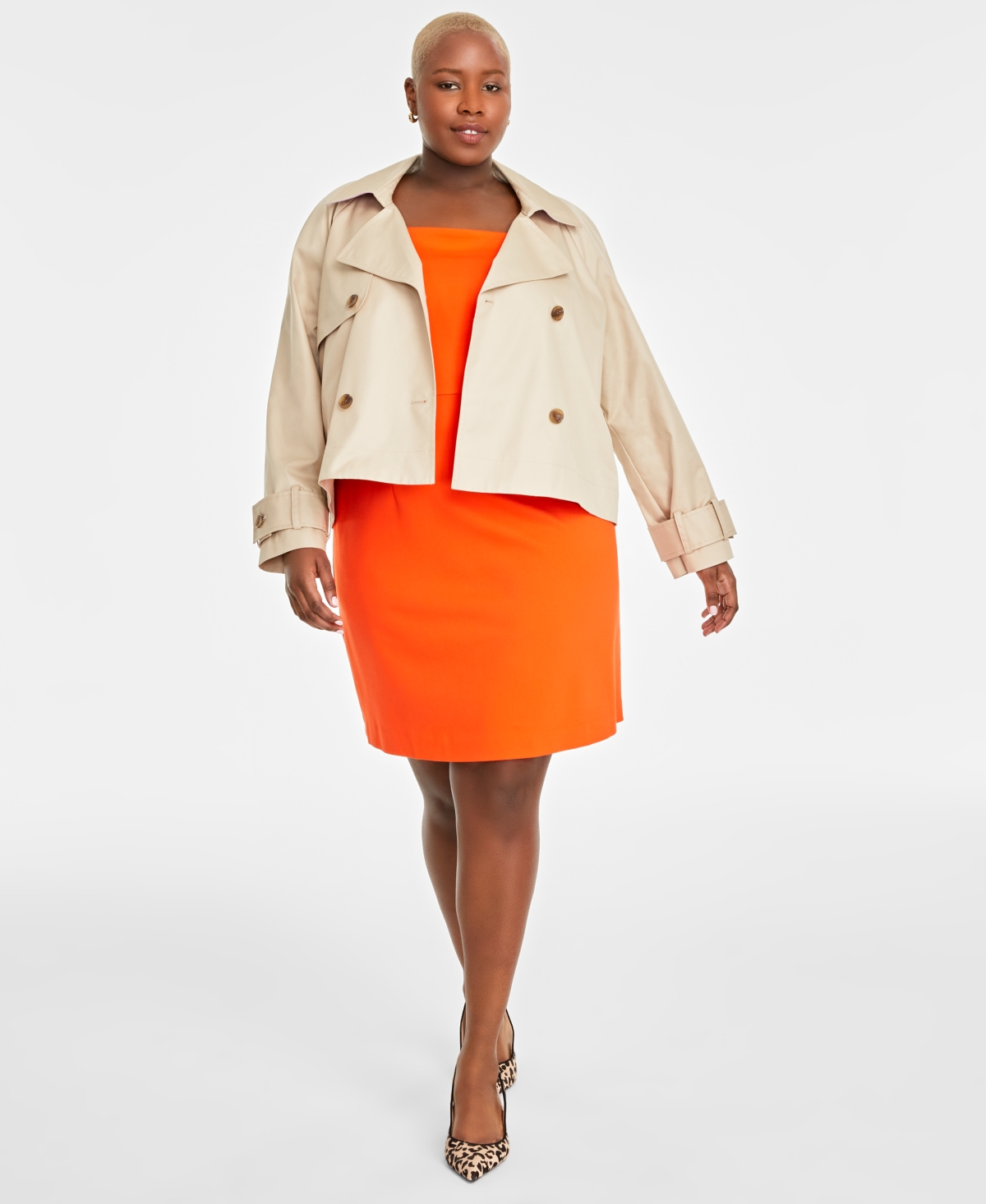 On 34th Trendy Plus Size Short Double-breasted Trench Coat, Created For Macy's In Safari