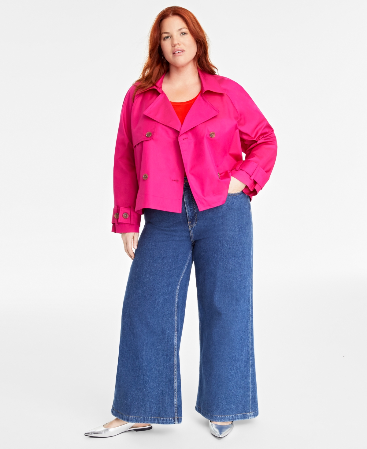 On 34th Trendy Plus Size Short Double-breasted Trench Coat, Created For Macy's In Jazzy Pink