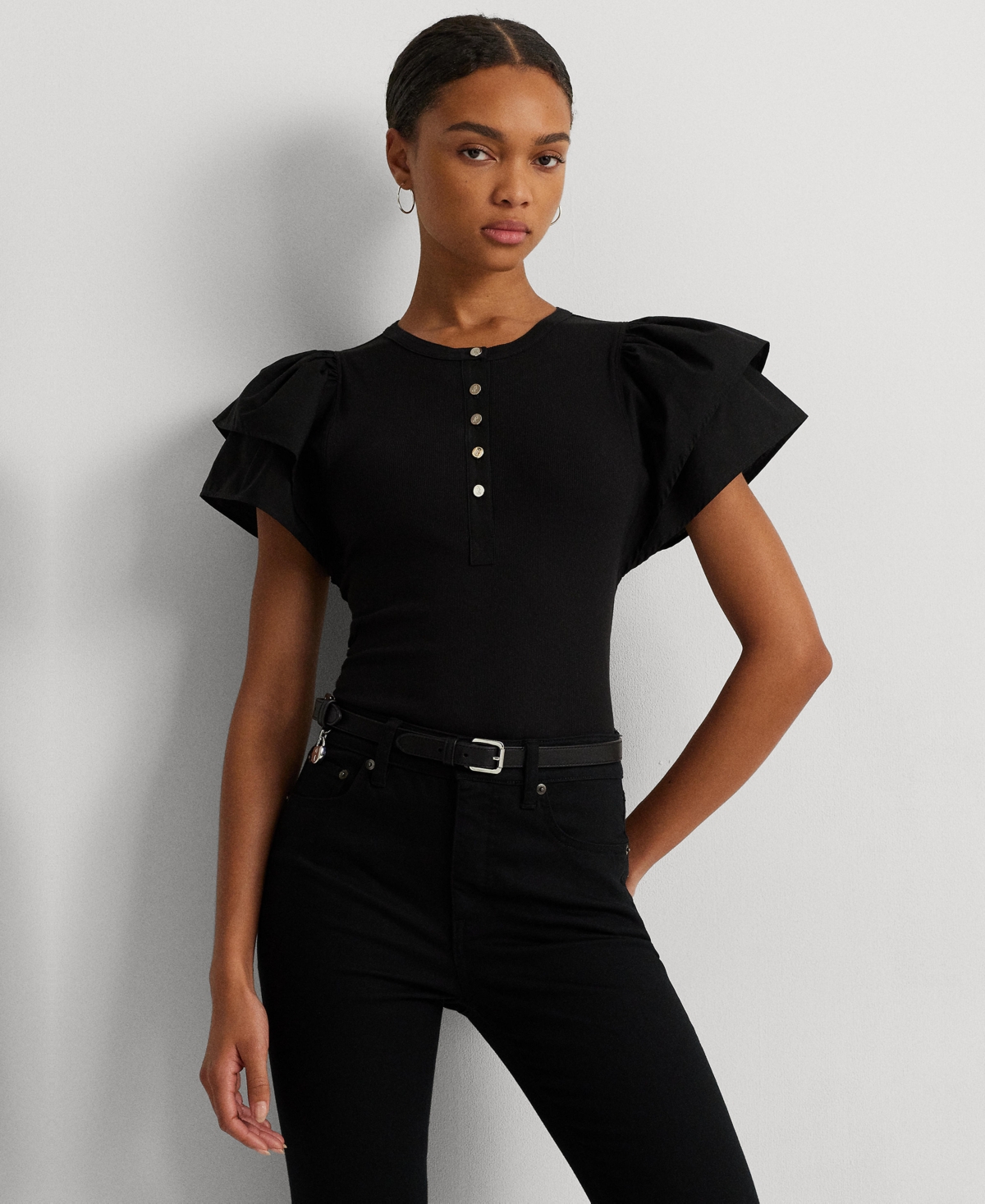 Shop Lauren Ralph Lauren Petite Flutter-sleeve Henley Top In Black