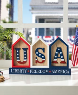 13" L Patriotic, Americana Wooden House-Shaped Table Decor