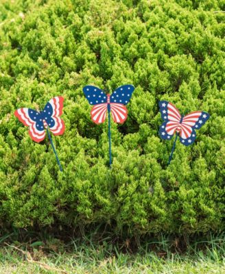 24" H Set of 3 Patriotic, Americana Metal Butterflies Yard Stake