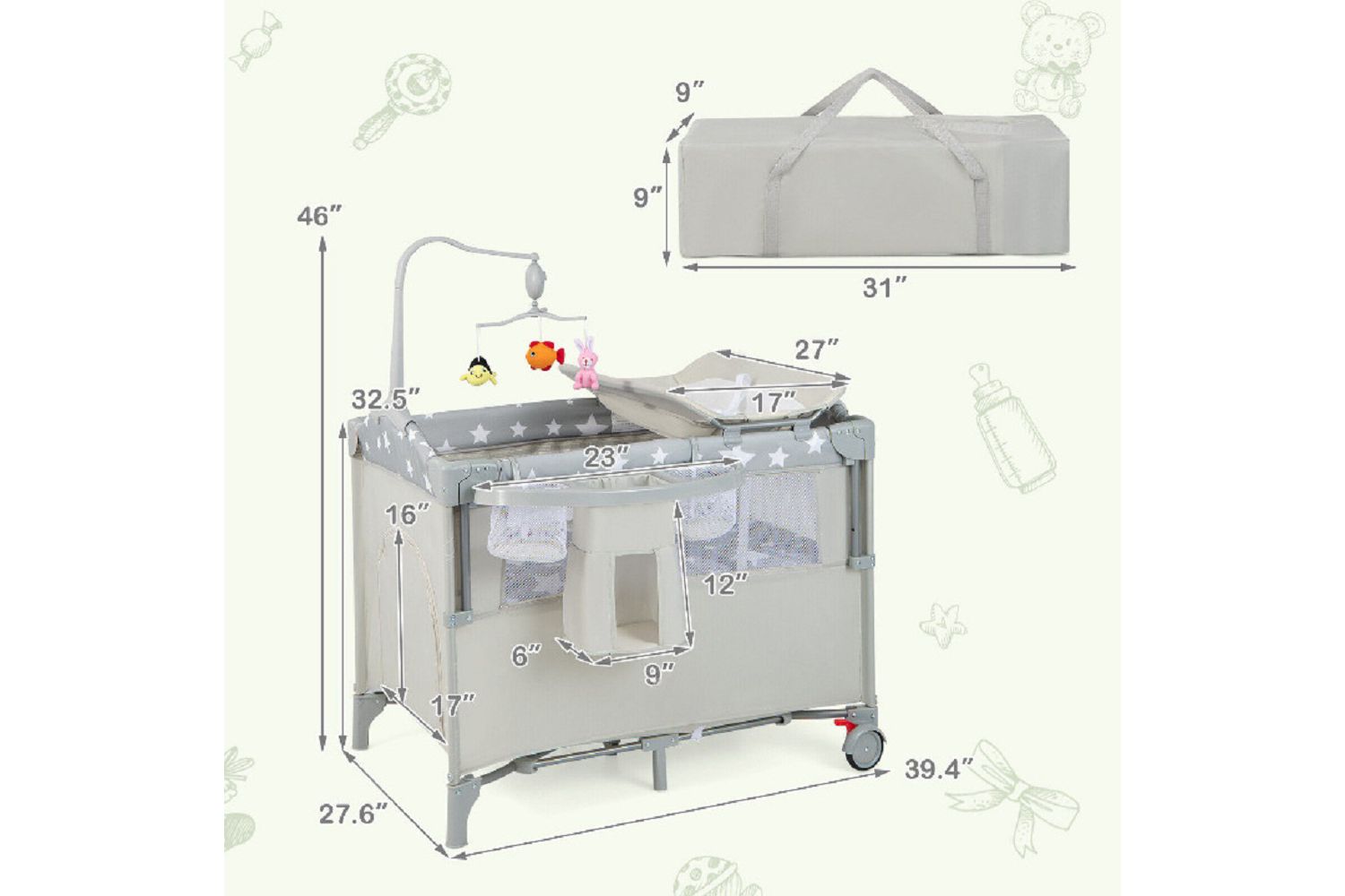 Portable Baby Bassinet with Diaper Changer, Bedside Sleeper and Changing Station