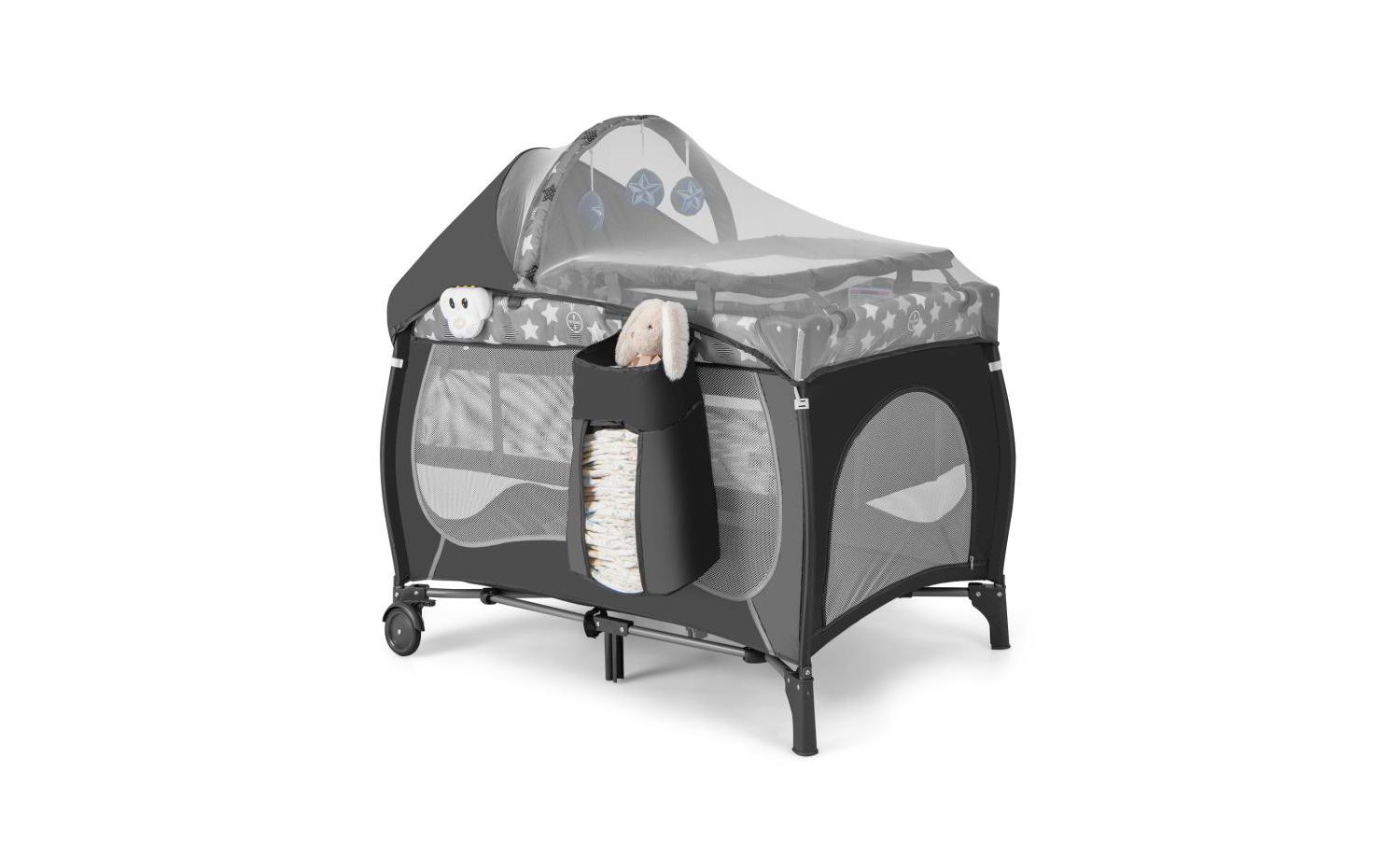 4-in-1 Portable Baby Playard with Bassinet and Adjustable Canopy