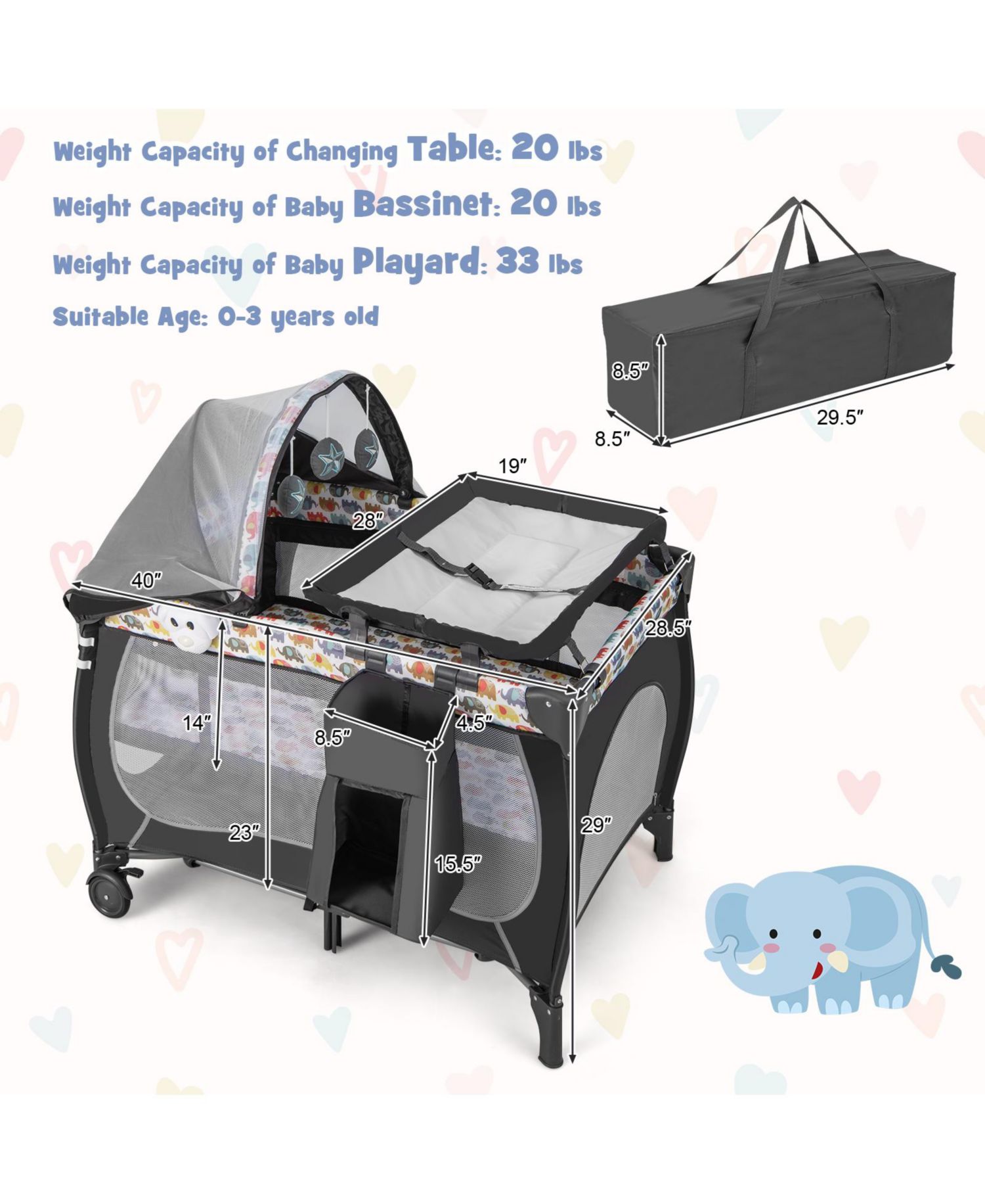 4-in-1 Portable Baby Playard with Bassinet and Adjustable Canopy