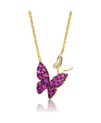 Sterling Silver 14k Yellow Gold Plated with Red Cubic Zirconia Double Butterfly Layering Necklace
