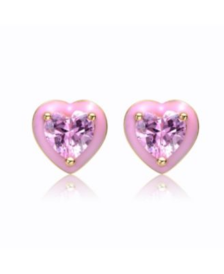 14k Yellow Gold Plated with Pink Cubic Zirconia Pink Enamel Halo Heart Stud Earrings