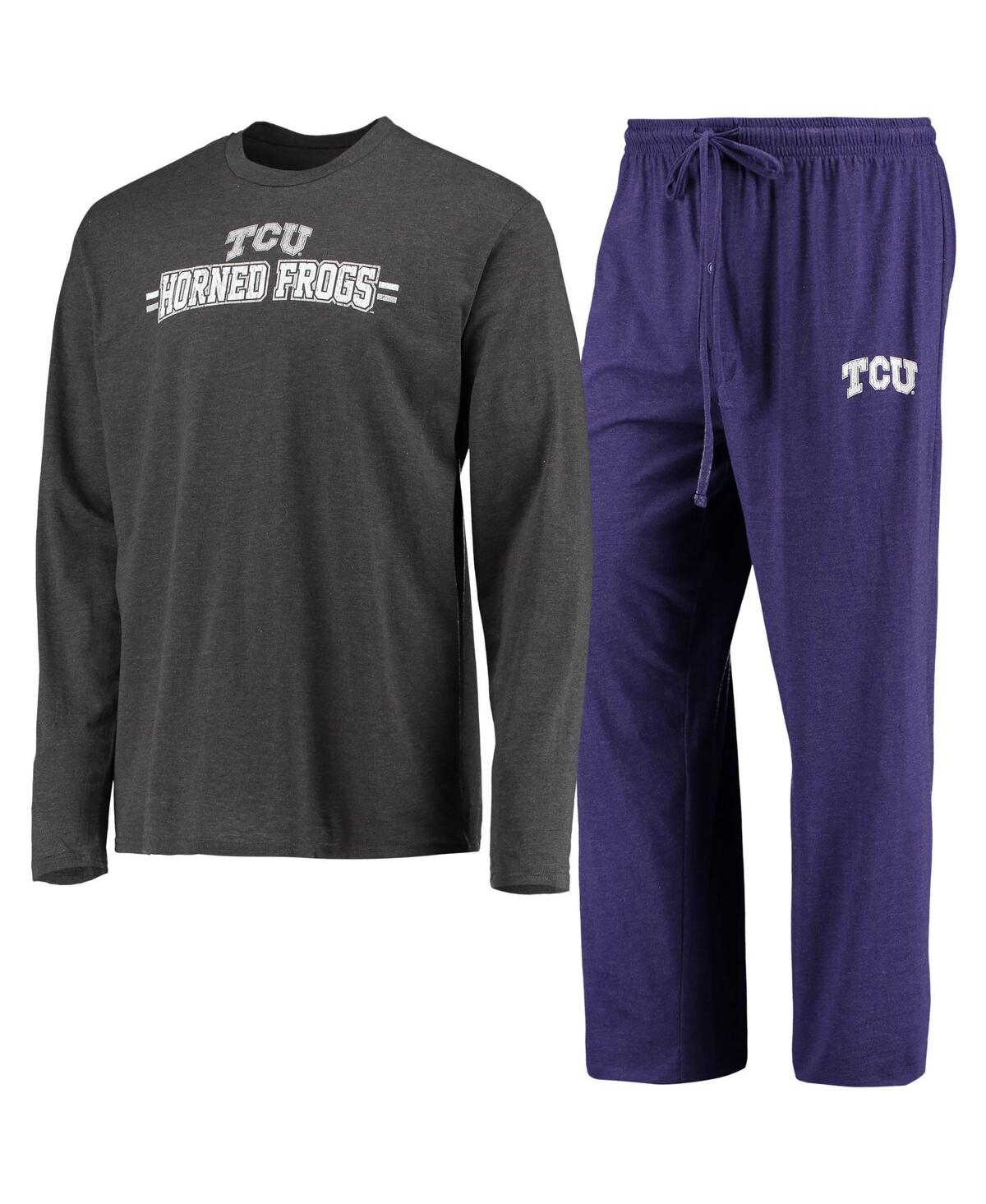 Men's Concepts Sport Purple, Heathered Charcoal Distressed Tcu Horned Frogs Meter Long Sleeve T-shirt and Pants Sleep Set - Purple, Heathered Charcoal