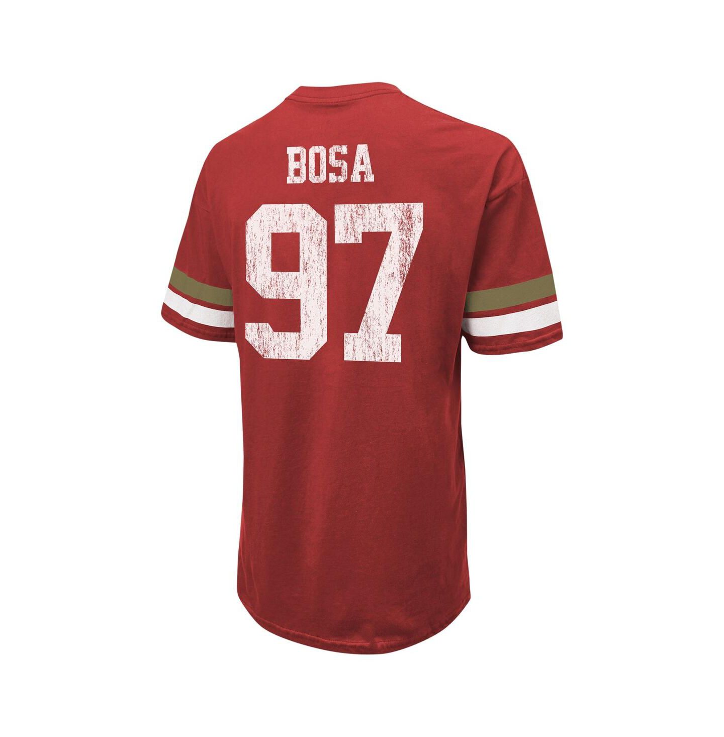 Мужская футболка Majestic Threads Nick Bosa Scarlet Distressed San Francisco 49ers Name and Number Oversize Fit — фото 2