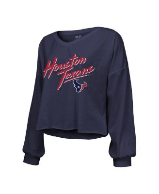 Women's Threads C.J. Stroud Navy Distressed Houston Texans Name and Number Script Off-Shoulder Cropped Long Sleeve T-shirt