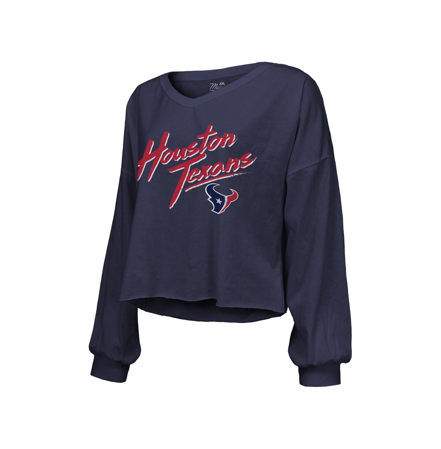 Женская футболка Majestic Threads C.J. Stroud Navy Distressed Houston Texans Name and Number Script Off-Shoulder Cropped Long Sleeve — фото 2