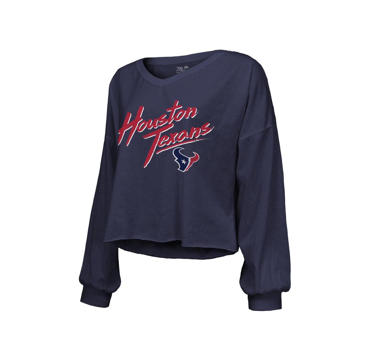 Women's Threads C.J. Stroud Navy Distressed Houston Texans Name and Number Script Off-Shoulder Cropped Long Sleeve T-shirt