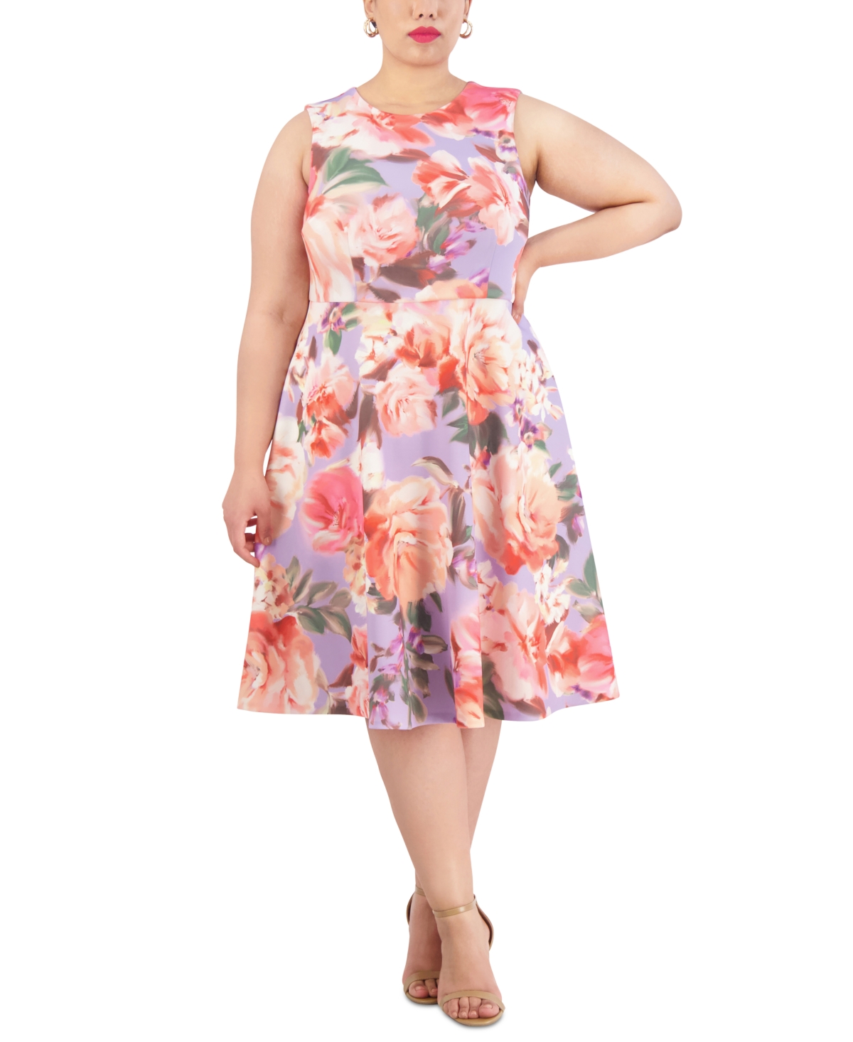 Vince Camuto Plus Size Floral-print Fit & Flare Dress In Lavender