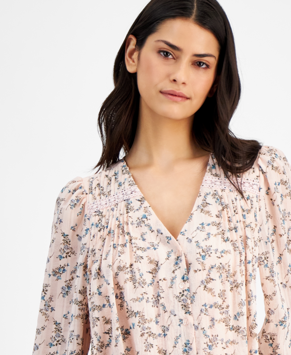 And Now This Women's Floral-Print Pleated Lace-Trim Blouse