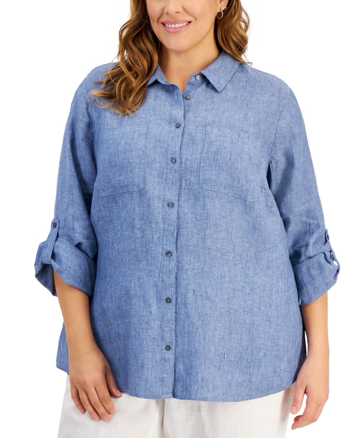 Charter Club Plus Size 100% Linen Roll-tab Shirt, Created For Macy's In Blue