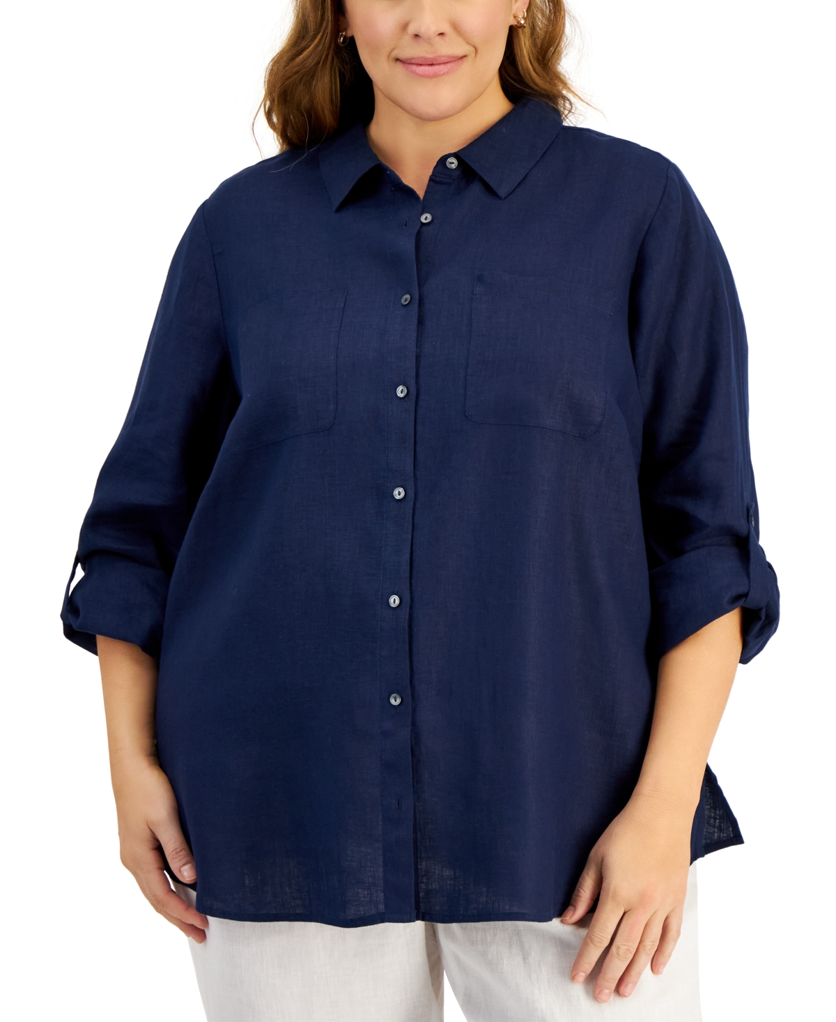 CHARTER CLUB PLUS SIZE 100% LINEN ROLL-TAB SHIRT, EXCLUSIVELY AT MACY'S 