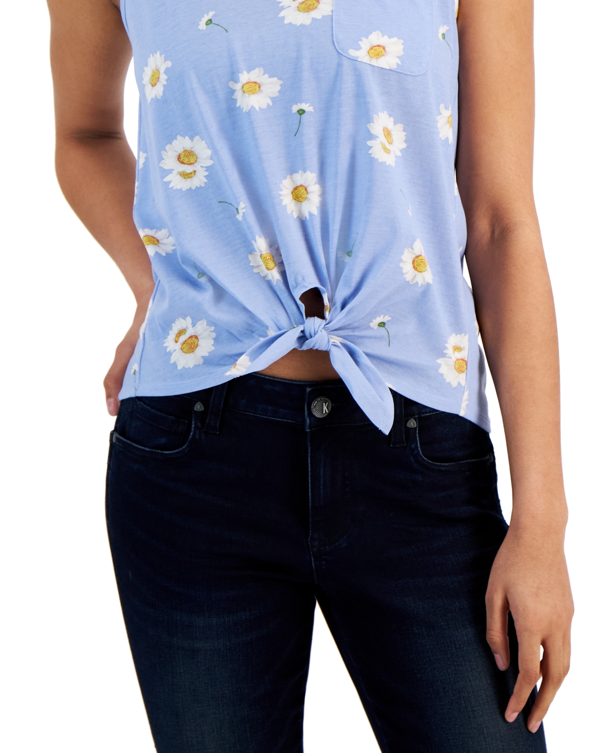 Shop Rebellious One Juniors' Daisies Tie-front Tank Top In Chambray Blue