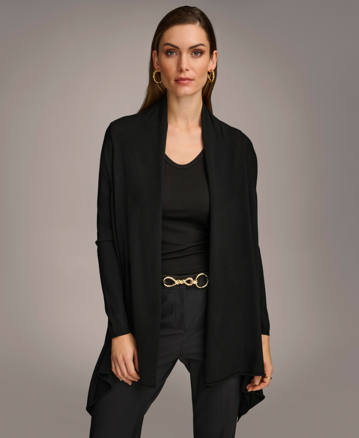 Shop Donna Karan Women's Long-sleeve Drape-front Cardigan In Black