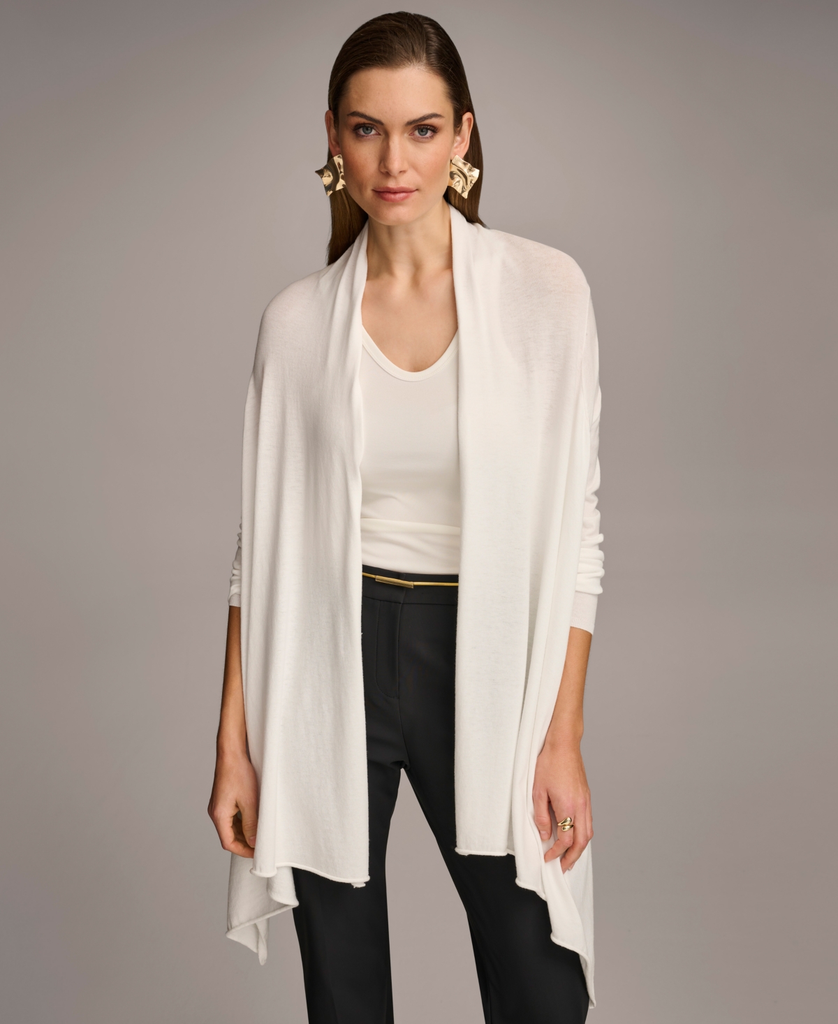 Shop Donna Karan Women's Long-sleeve Drape-front Cardigan In Cream