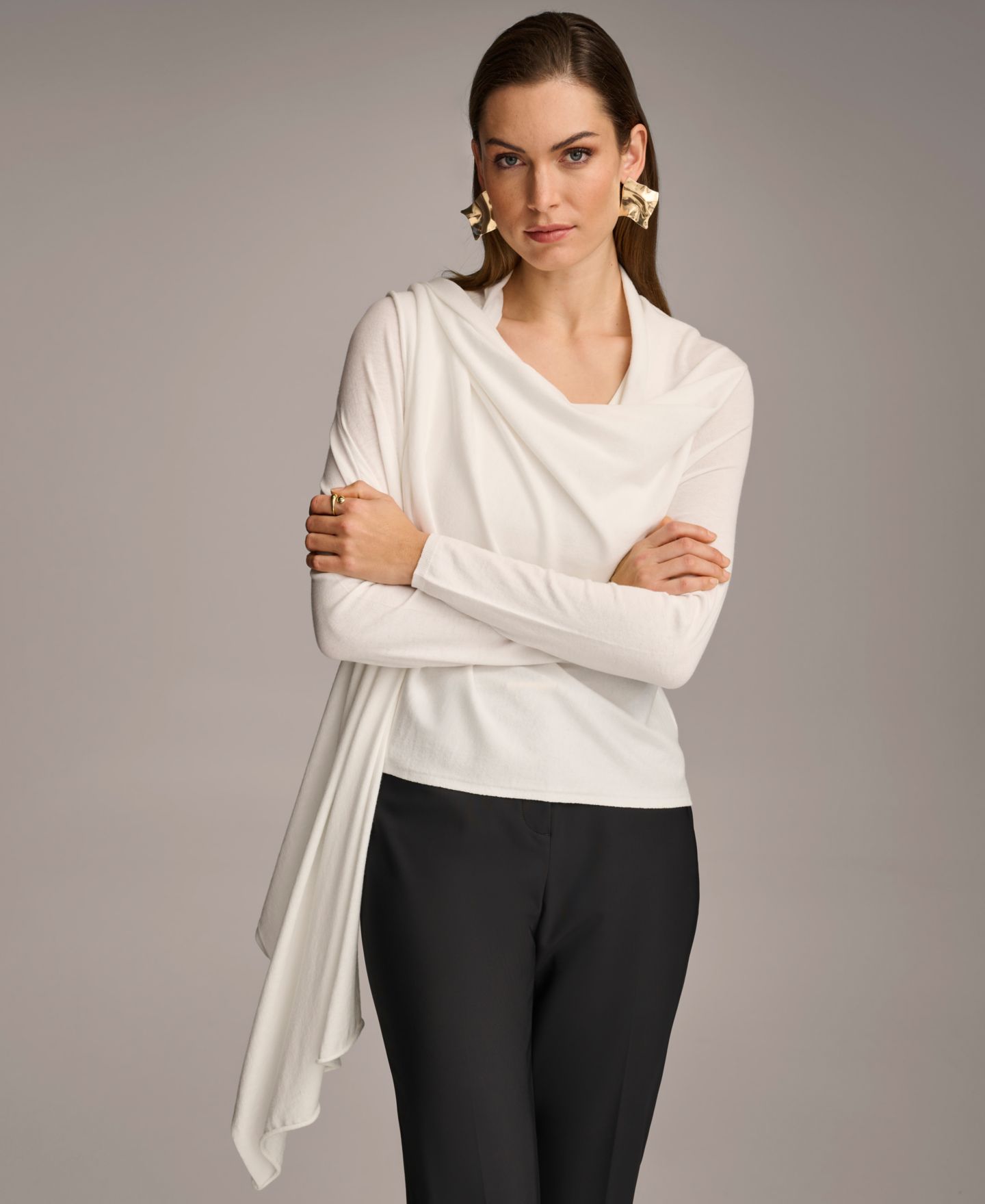 Женский кардиган Donna Karan New York Long-Sleeve Drape-Front, цвет: Кремовый — фото 2