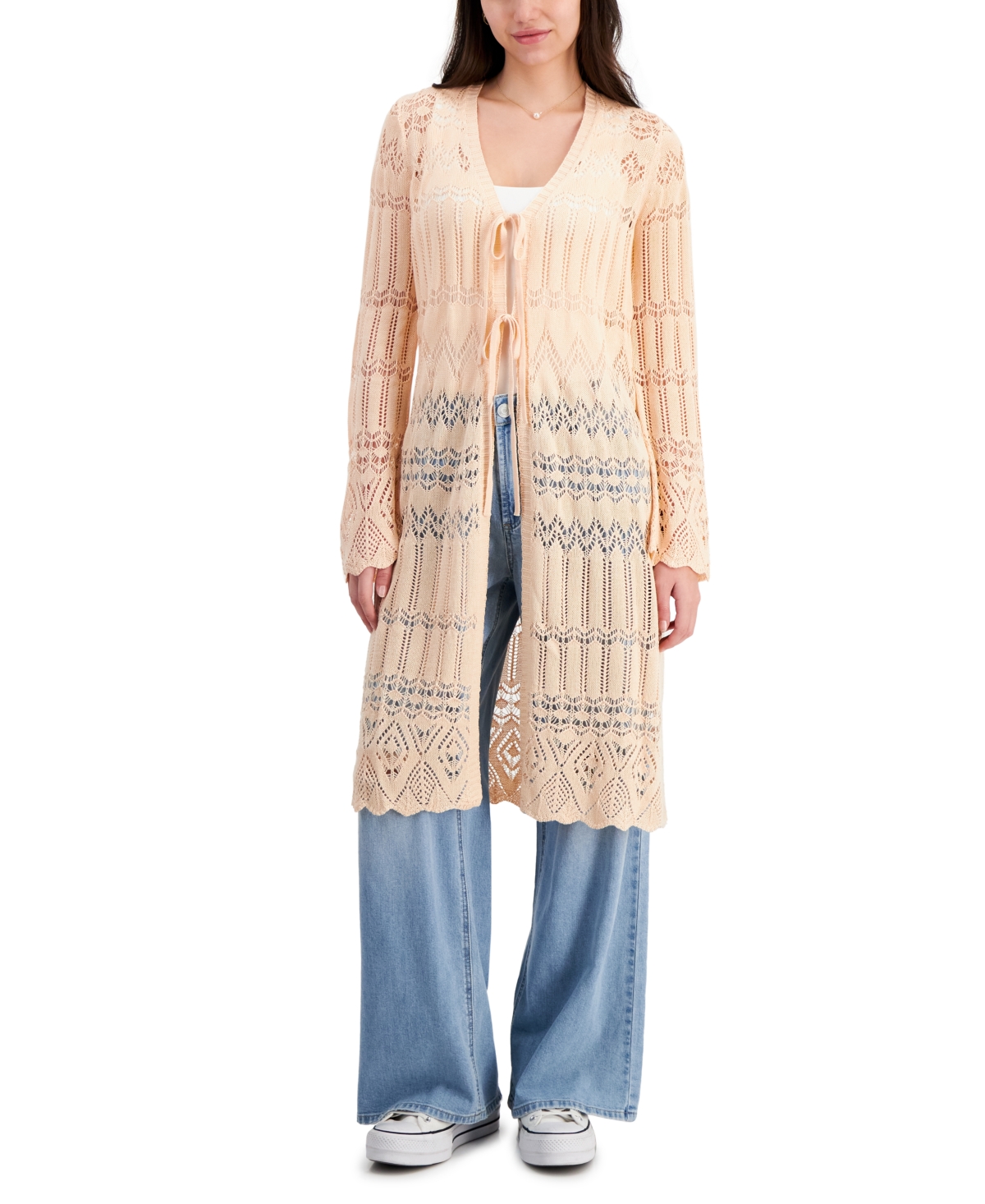 Shop Hooked Up By Iot Juniors' Mixed-stitch Long-sleeve Tie-front Duster In Peach