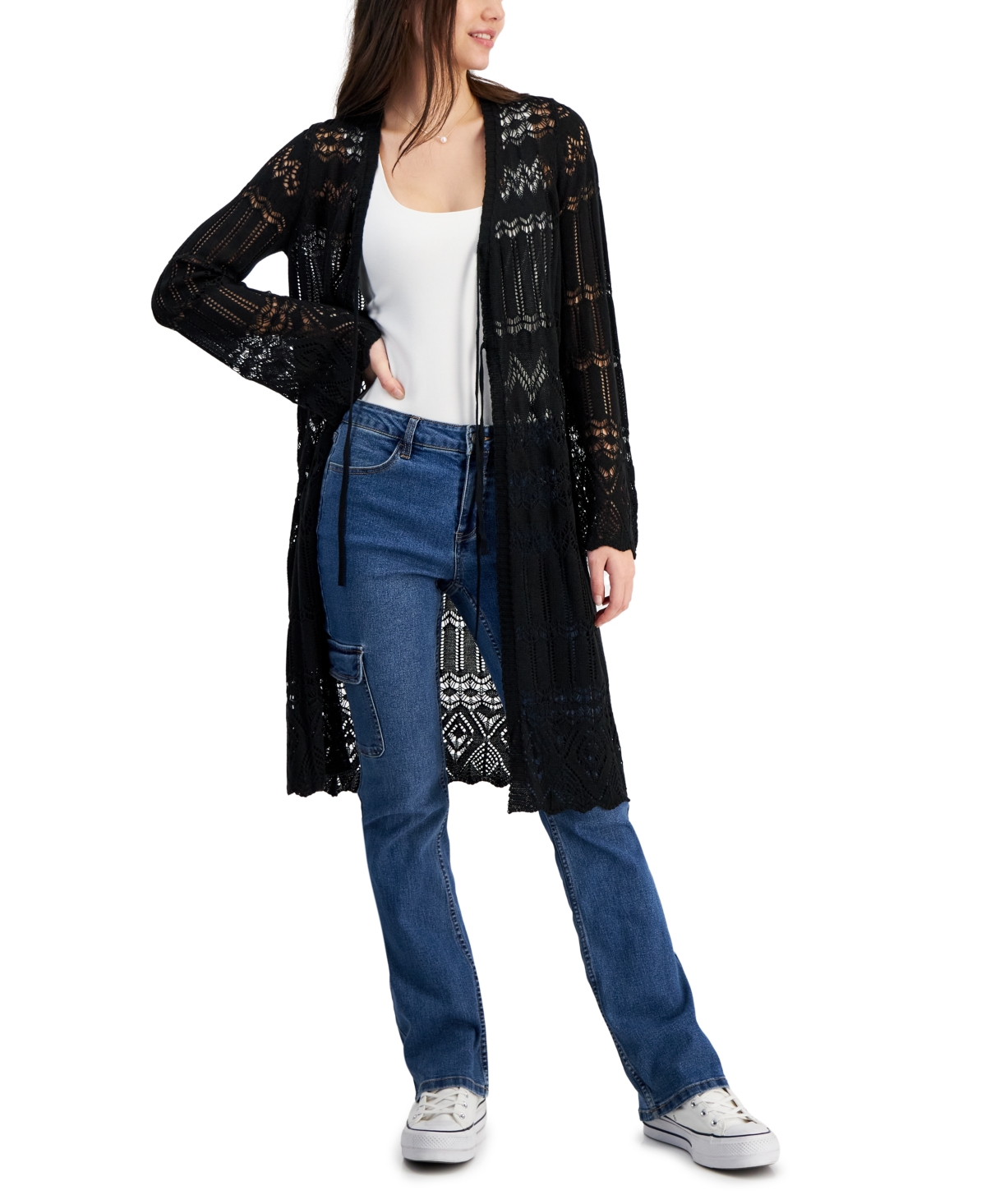 Shop Hooked Up By Iot Juniors' Mixed-stitch Long-sleeve Tie-front Duster In Black