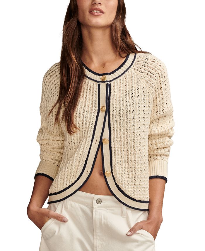 Lucky Brand Sz. Medium Navy/Blue/Tan/Cream Belted Open Front Sweater NWT