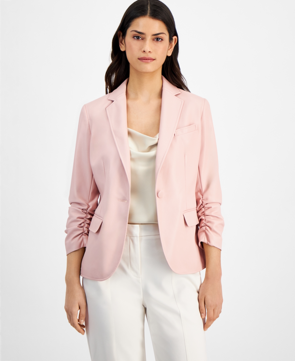 Shop Bar Iii Women's 3/4-sleeve One-button Faux-leather Blazer, Created For Macy's In Luster Rose