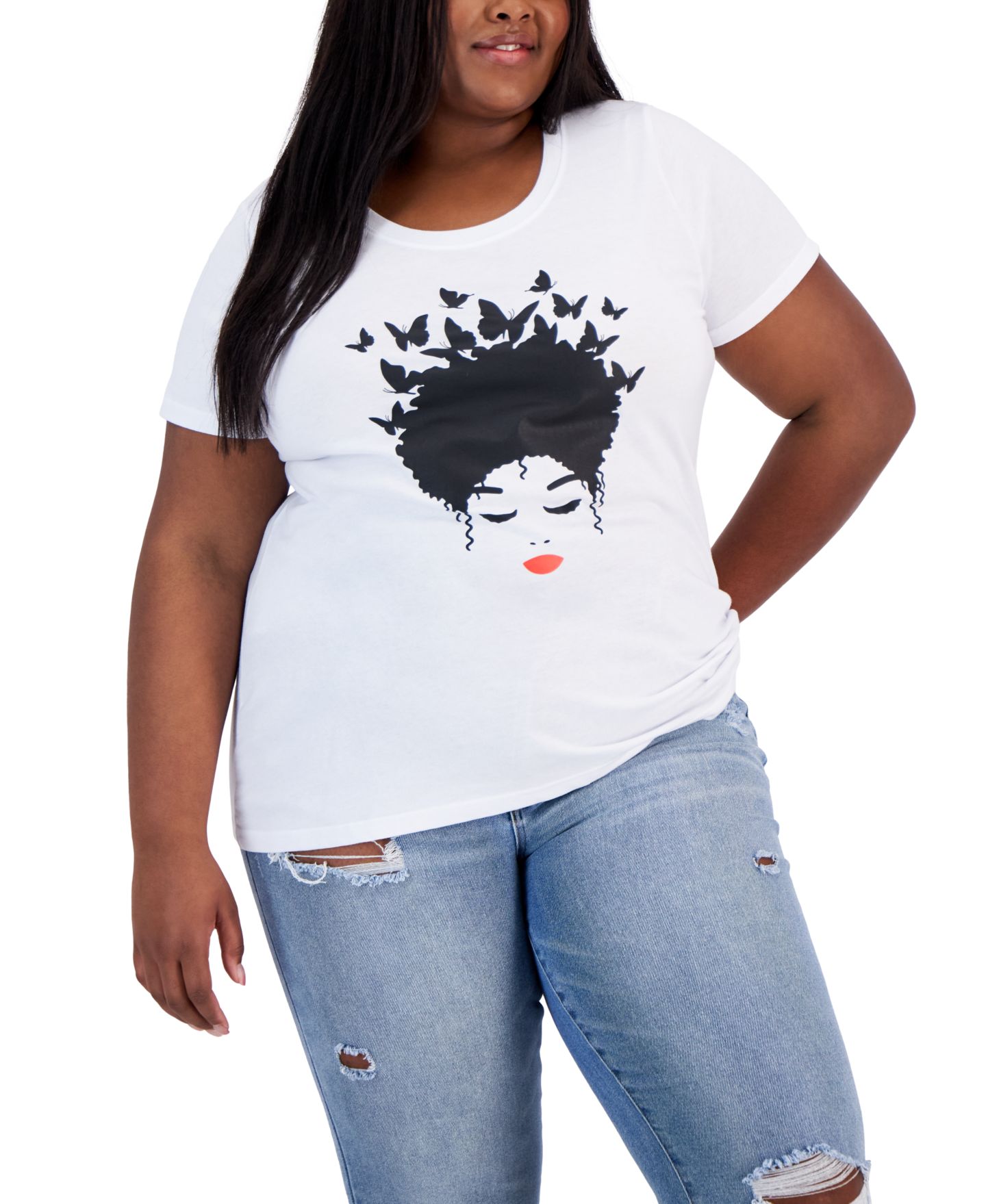 Женская футболка Hybrid Apparel Trendy Plus Size Butterfly Afro Hair Graphic, цвет: Чёрный — фото 1