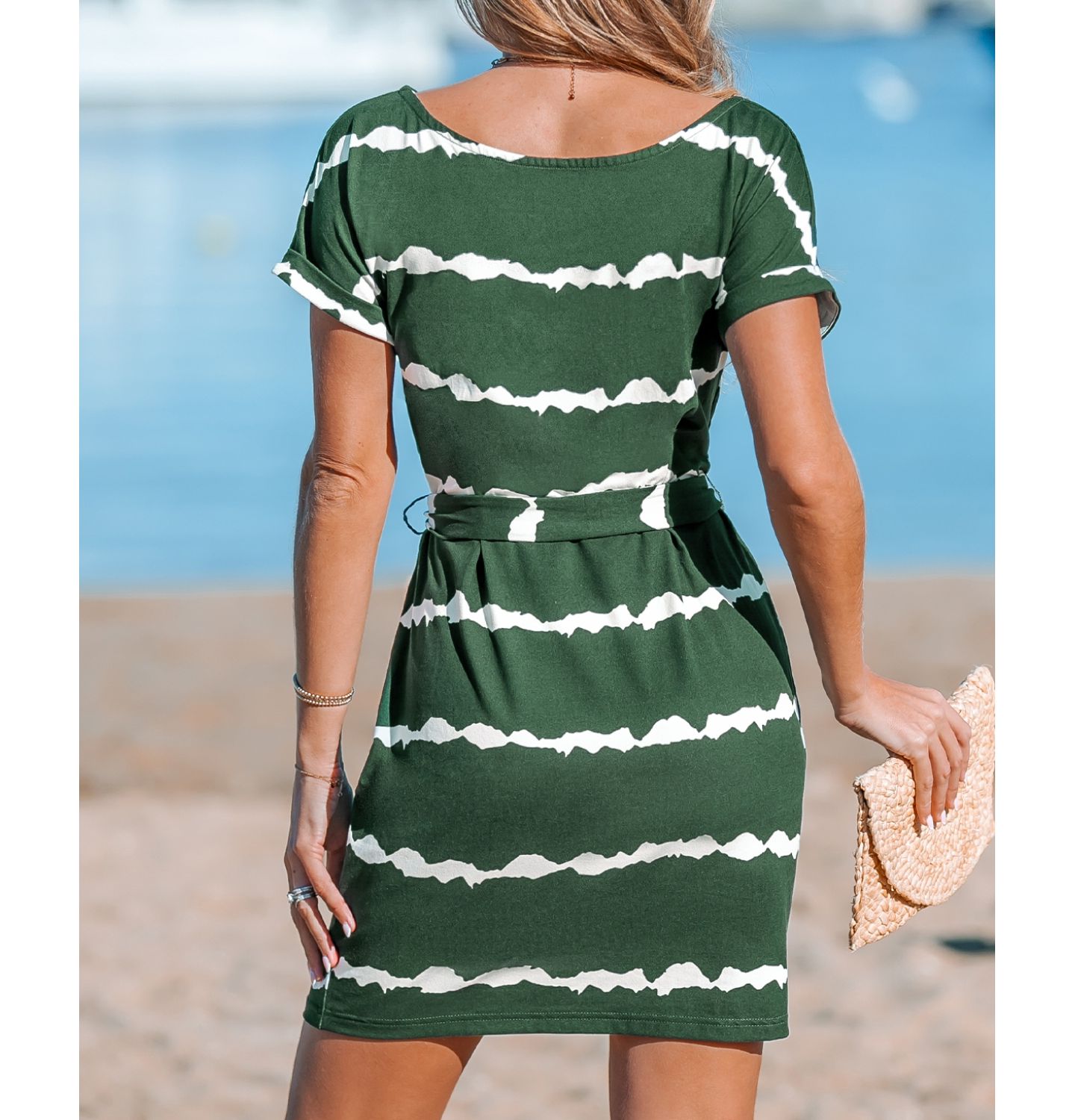 Женское платье Cupshe Striped Short Sleeve Jersey Cover Up, цвет: Зелёный — фото 3