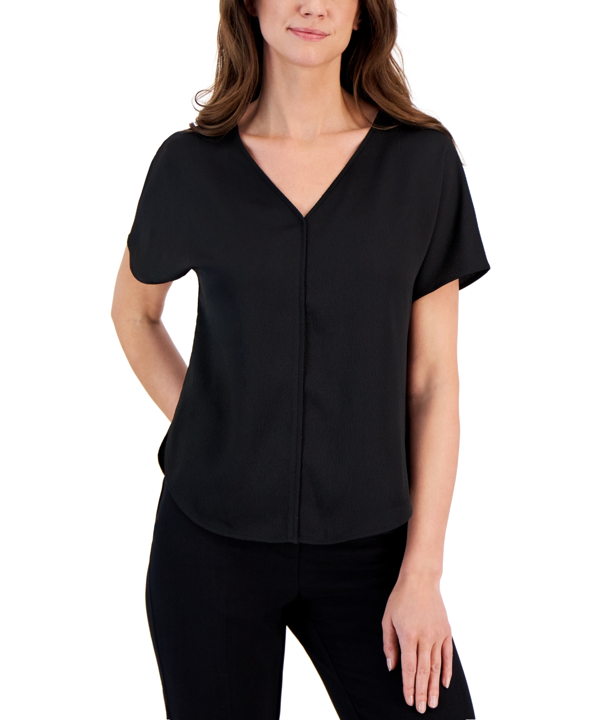 Shop Anne Klein Women's Short-sleeve V-neck Top In Anne Black