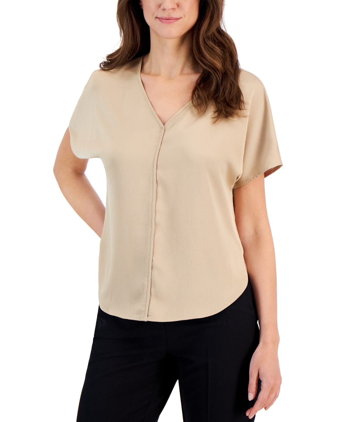 Shop Anne Klein Women's Short-sleeve V-neck Top In Latte