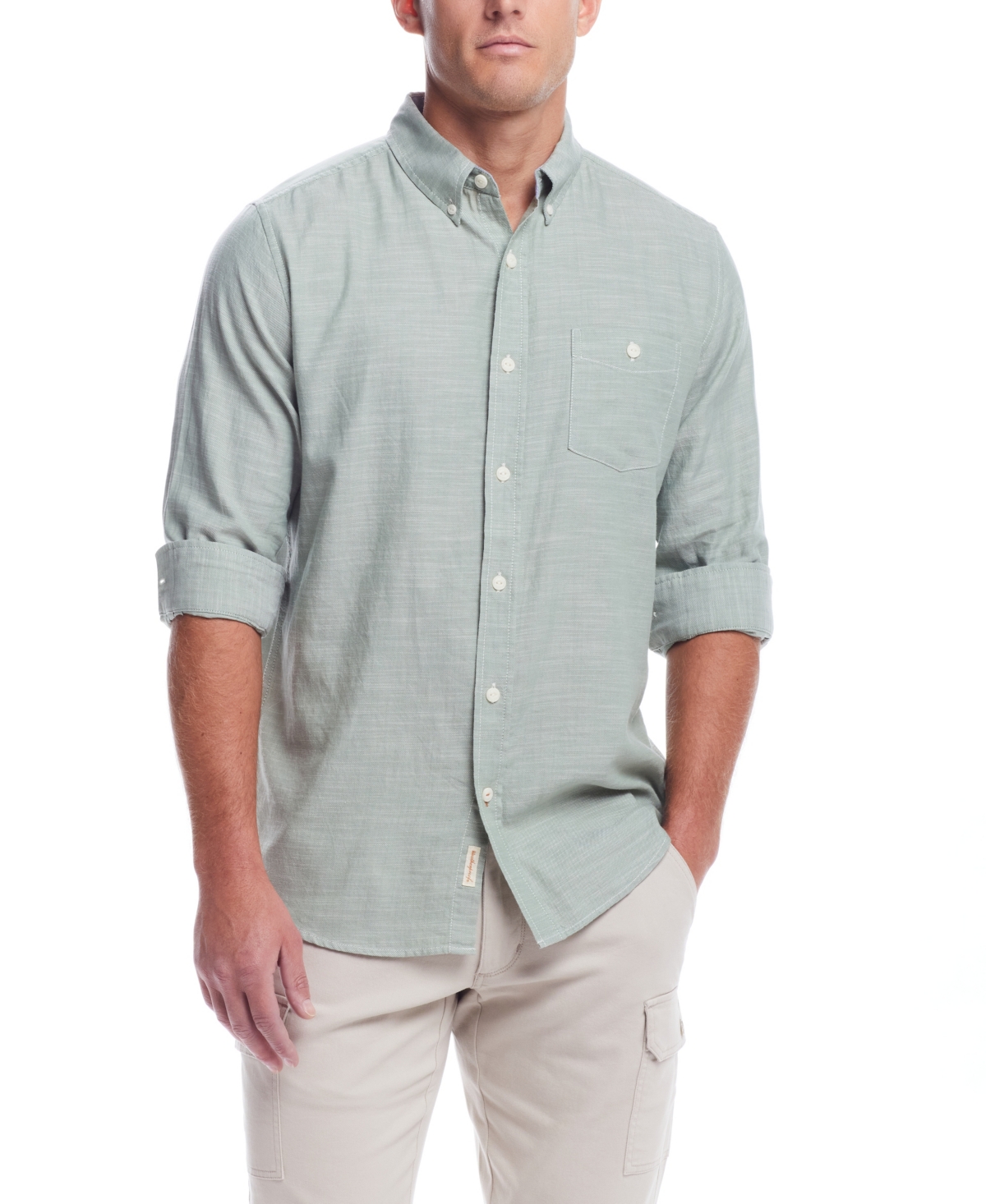 Weatherproof Vintage Men's Long Sleeve Solid Cotton Twill Shirt In Hedge Green