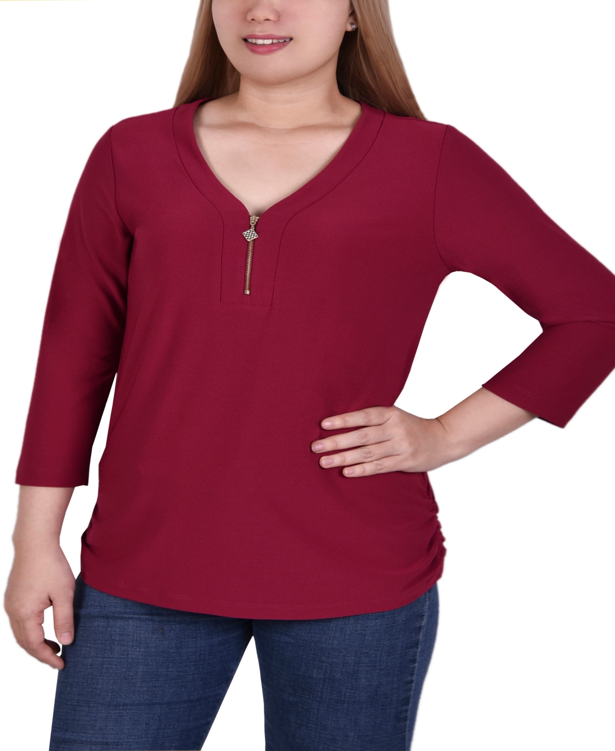 Ny Collection Plus Size Long Sleeve Crepe Knit V-neck Top With Zipper In Burgundy