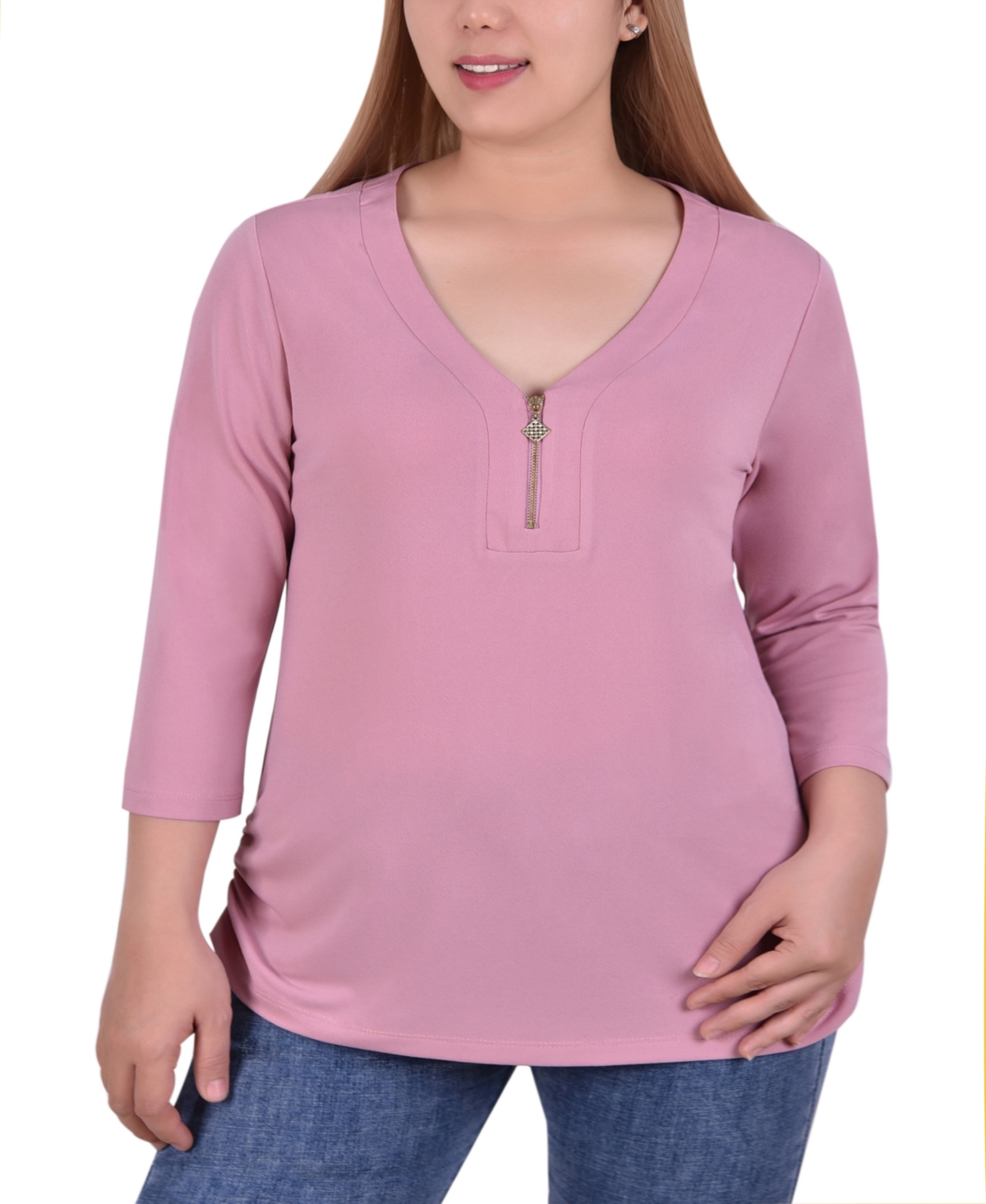 Ny Collection Plus Size Long Sleeve Crepe Knit V-neck Top With Zipper In Mauve