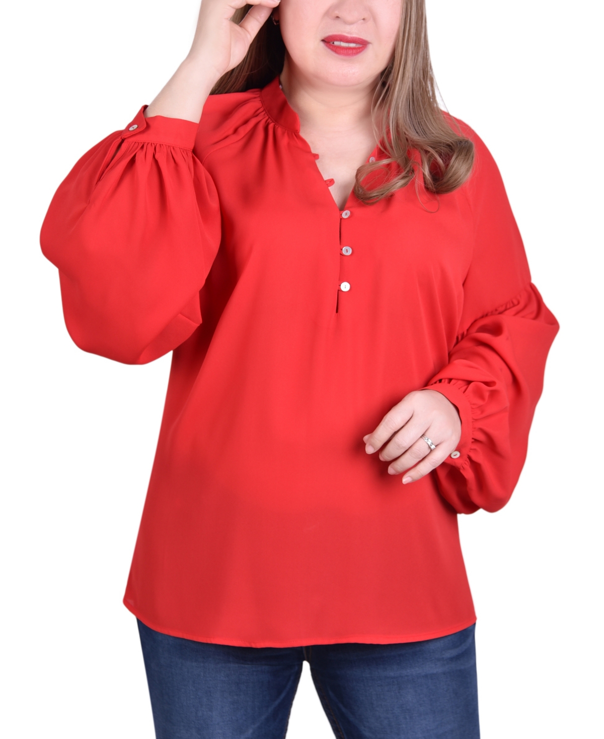 Ny Collection Plus Size Long Raglan-sleeve Blouse In Barbados Cherry