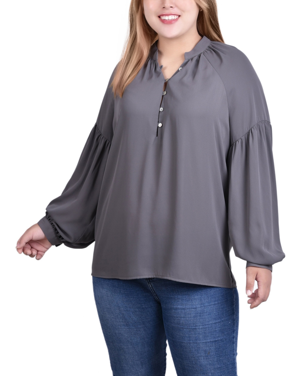 Ny Collection Plus Size Long Raglan-sleeve Blouse In Dark Gray