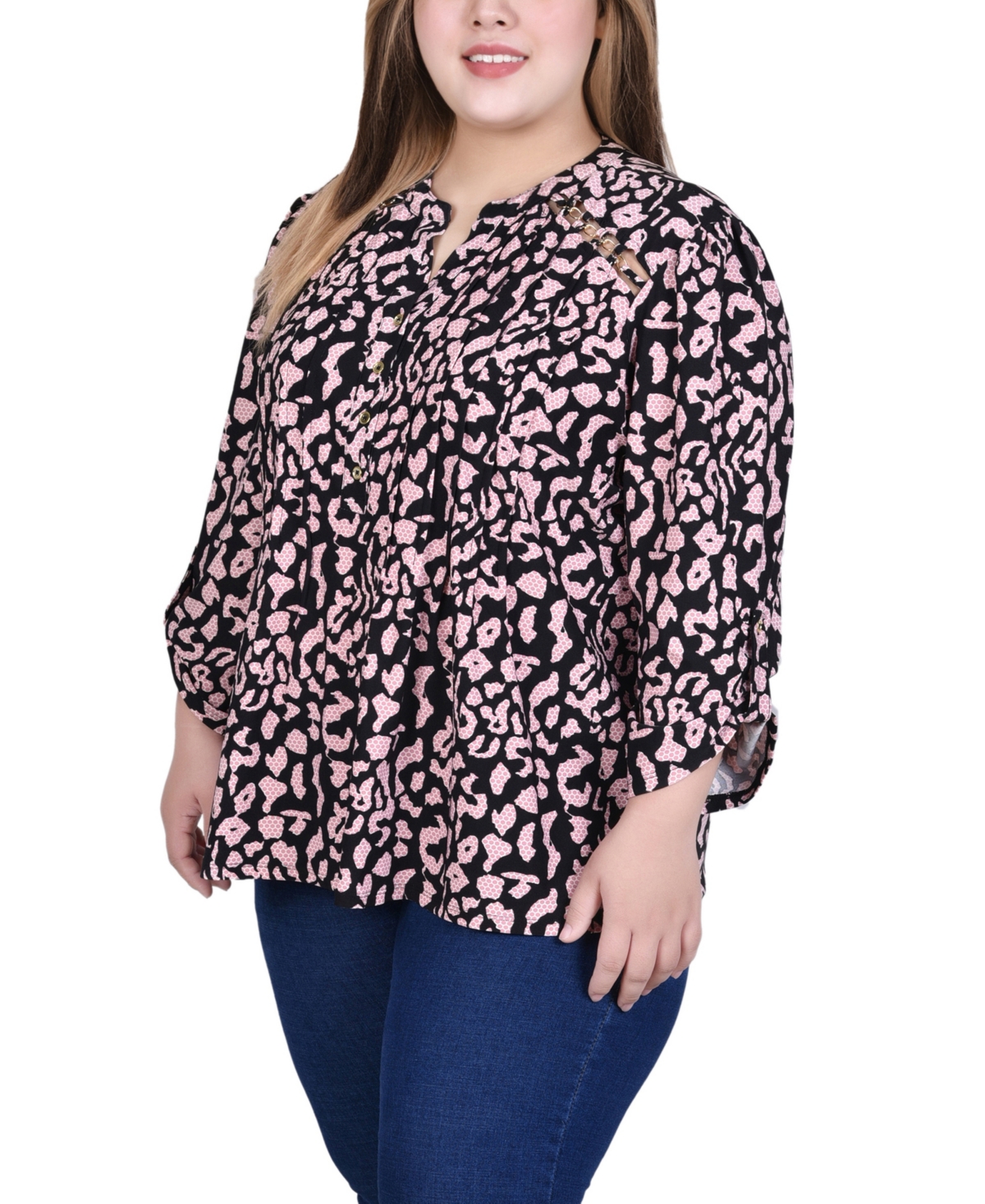 Ny Collection Plus Size Long Sleeve Pintuck Front Top with Chain Details