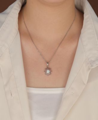 White Rainbow Opal Daisy Flower Pendant Necklace Sterling Silver October Stone