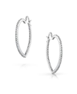 Heart Shaped Inside Out Cubic Zirconia Pave CZ Large Hoop Earrings Rhodium Plated Brass 1.5 In Diameter