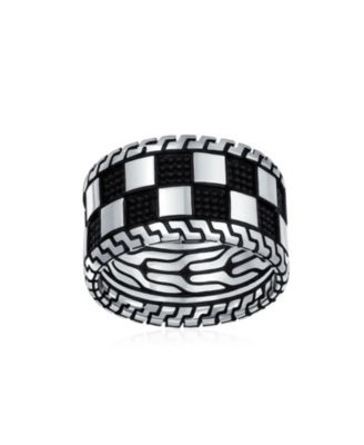 Inside Out Two Tone Black Silver Geometric Check Board Squares Chess Ring Band Heavy Solid Silver Wide 12MM