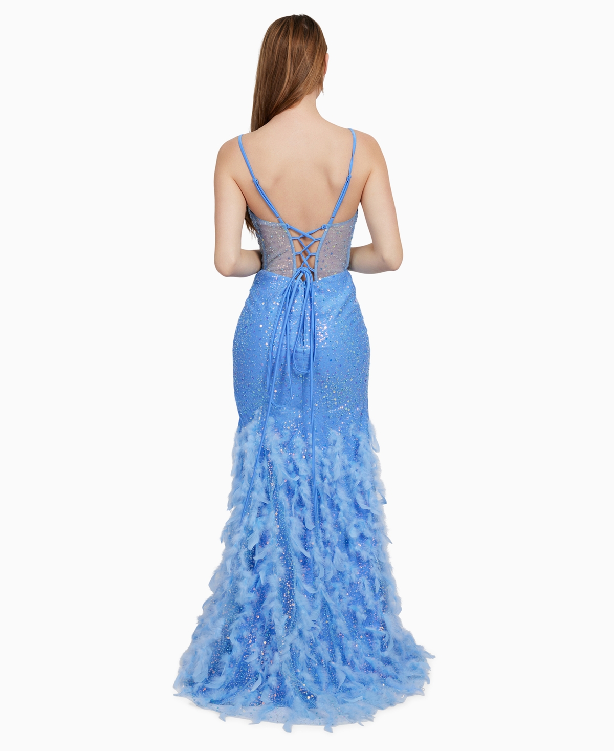 Shop Dear Moon Juniors' Embellished Illusion-corset Feather-skirt Gown In Periwinkle