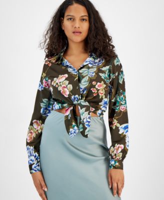 GUESS - Women's Satin Palm-Print Long-Sleeve Shirt
