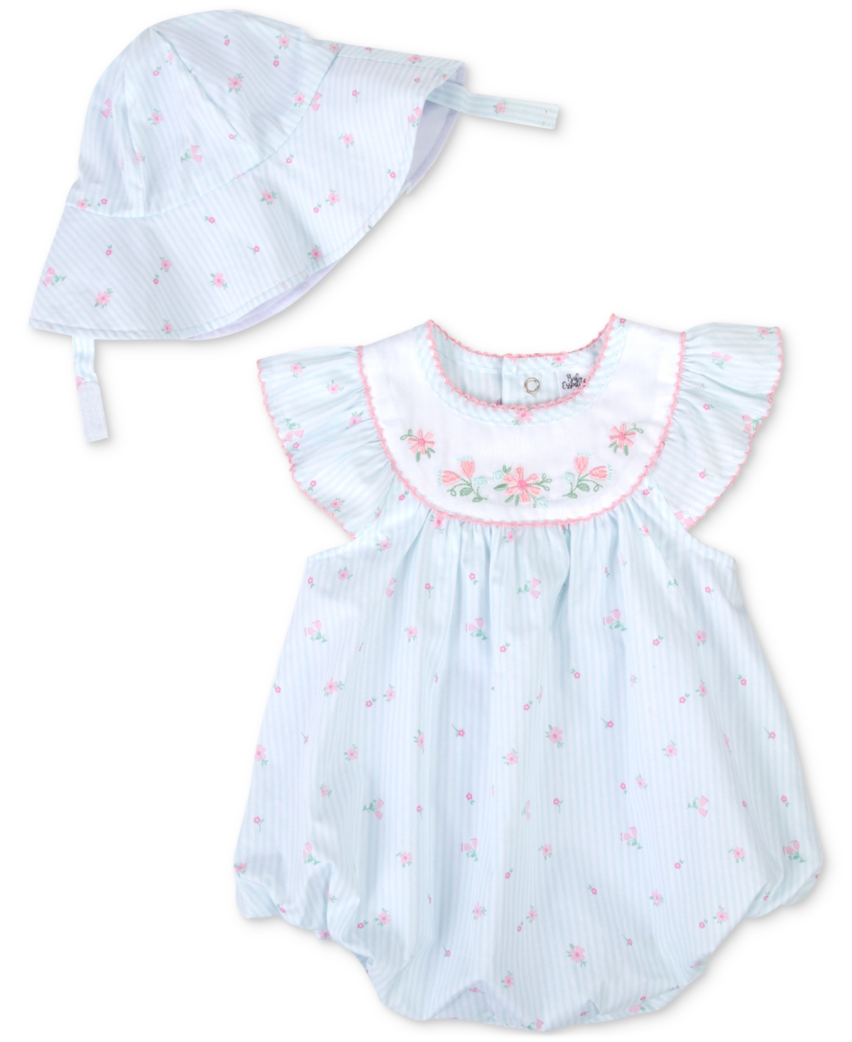 Shop Baby Essentials Baby Girls Woven Cotton Floral-print Romper And Hat, 2 Piece Set In Navy