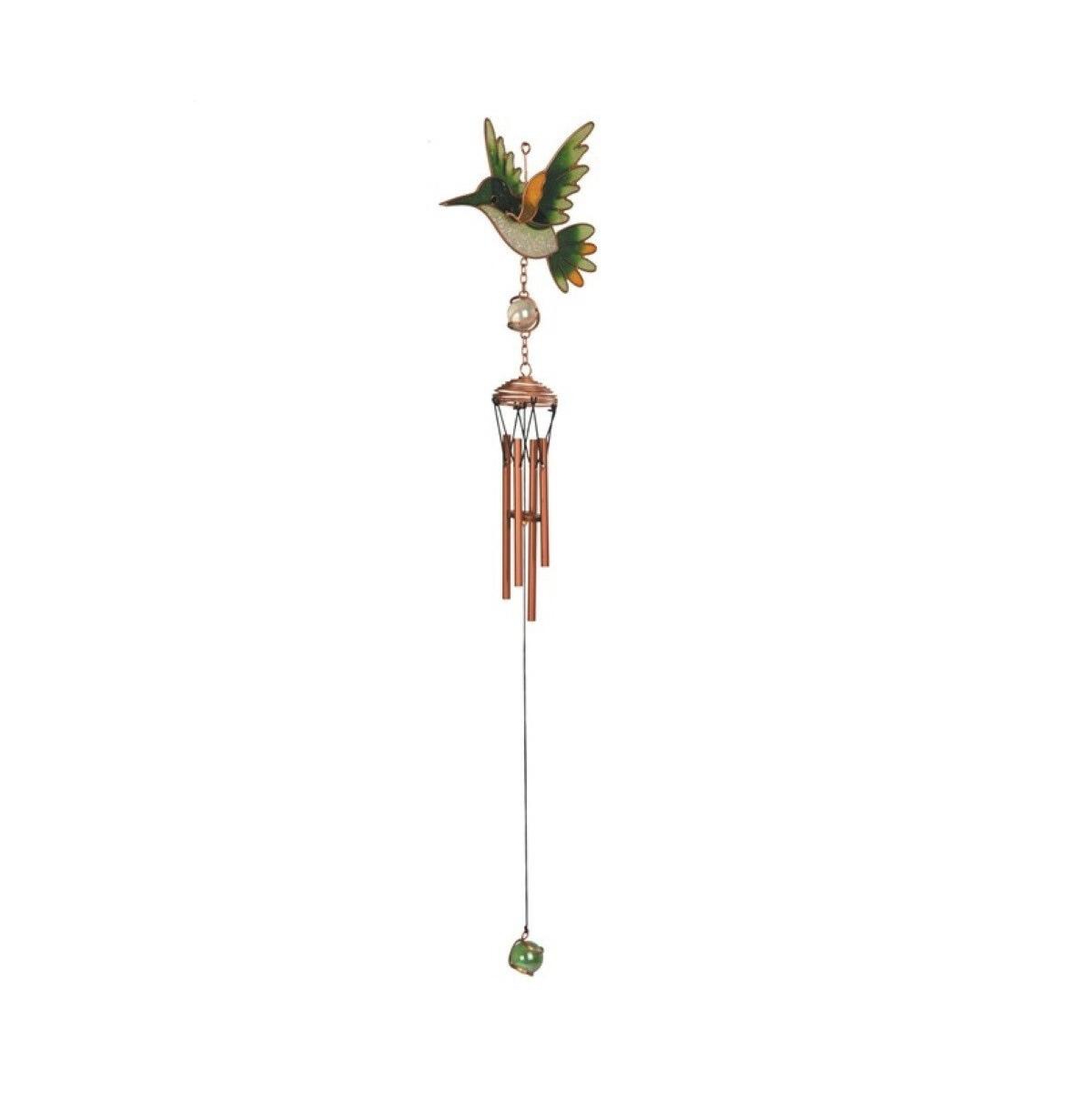 24" Long Green Hummingbird Copper and Gem Wind Chime Home Decor Perfect Gift for House Warming, Holidays and Birthdays - Multi-color