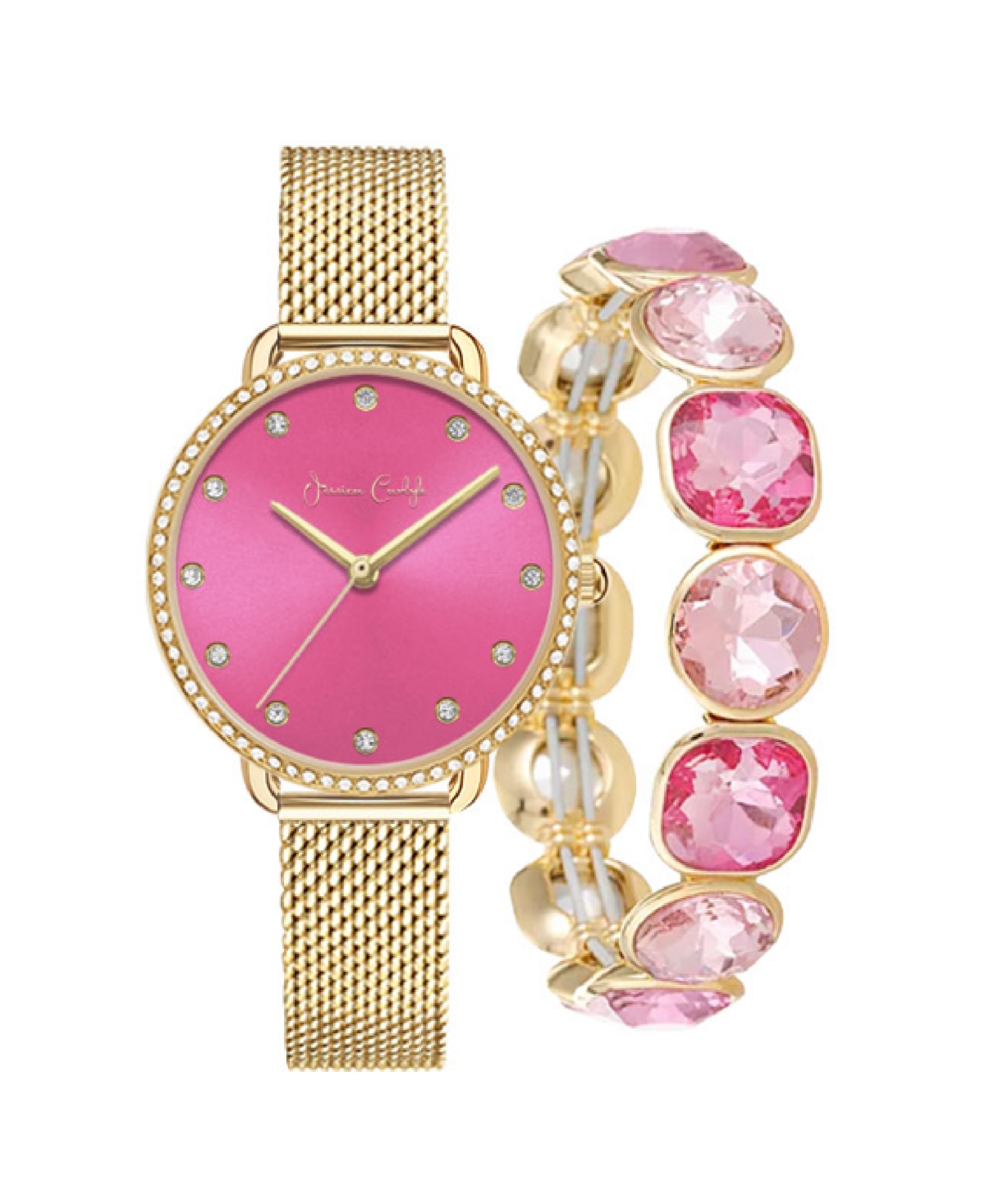 Jessica Carlyle Women's Quartz Gold-tone Alloy Watch 34mm Gift Set In Shiny Gold,pink Sunray