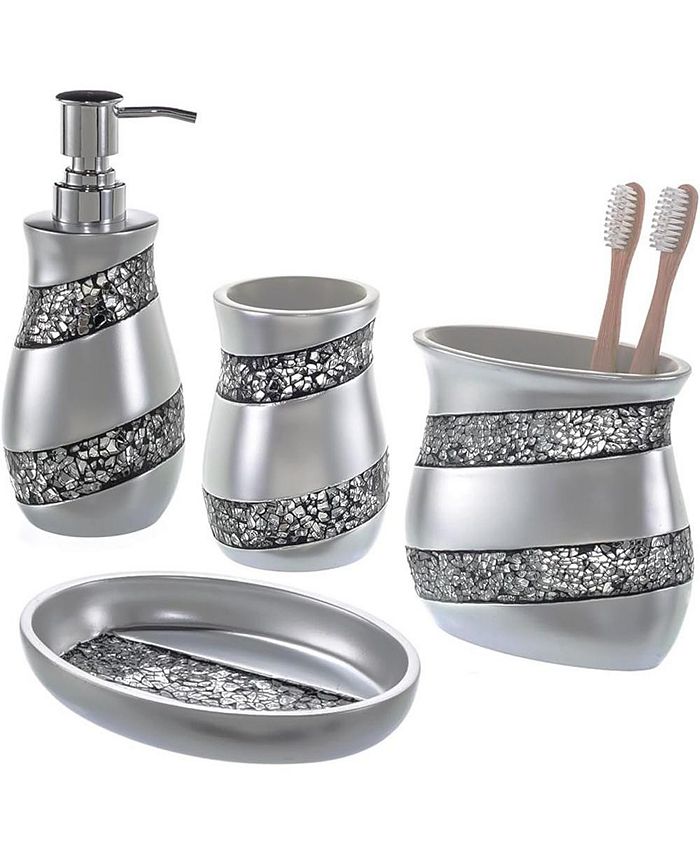 Creative Scents Bathroom Accessories Set - 4 Piece Silver Mosaic Glass ...